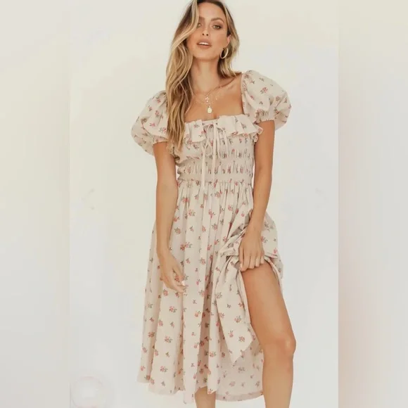 ❤️French country picnic cottage core puff puffy ruffle sleeve dress - Picture 1 of 5